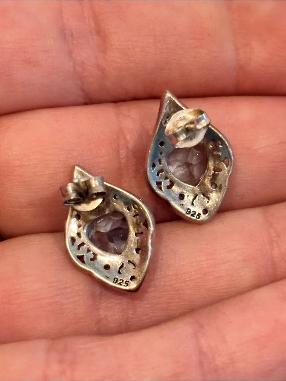 Vintage 925 Sterling Silver Aquamarine Heart Filigree Stud Earrings